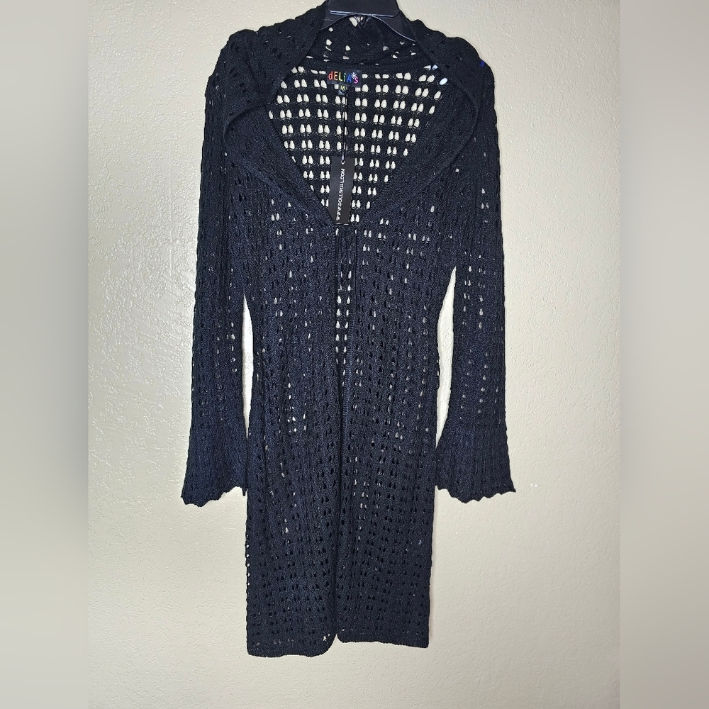 DELIAS Black Swim Cover Up Beach Women Size M Long Sleeve Flare Hand - Picture 7 of 7